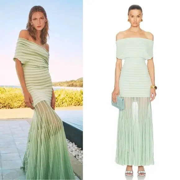Alexis Marce Off the Shoulder Knit Mint Green Striped Maxi Dress Size Large - Picture 2 of 11